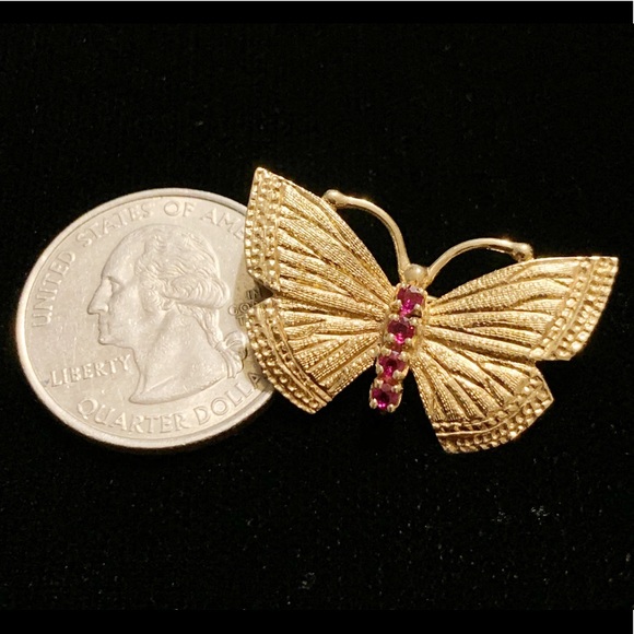 🦋 14K Solid Gold Ruby Butterfly Brooch Pin - Picture 4 of 8